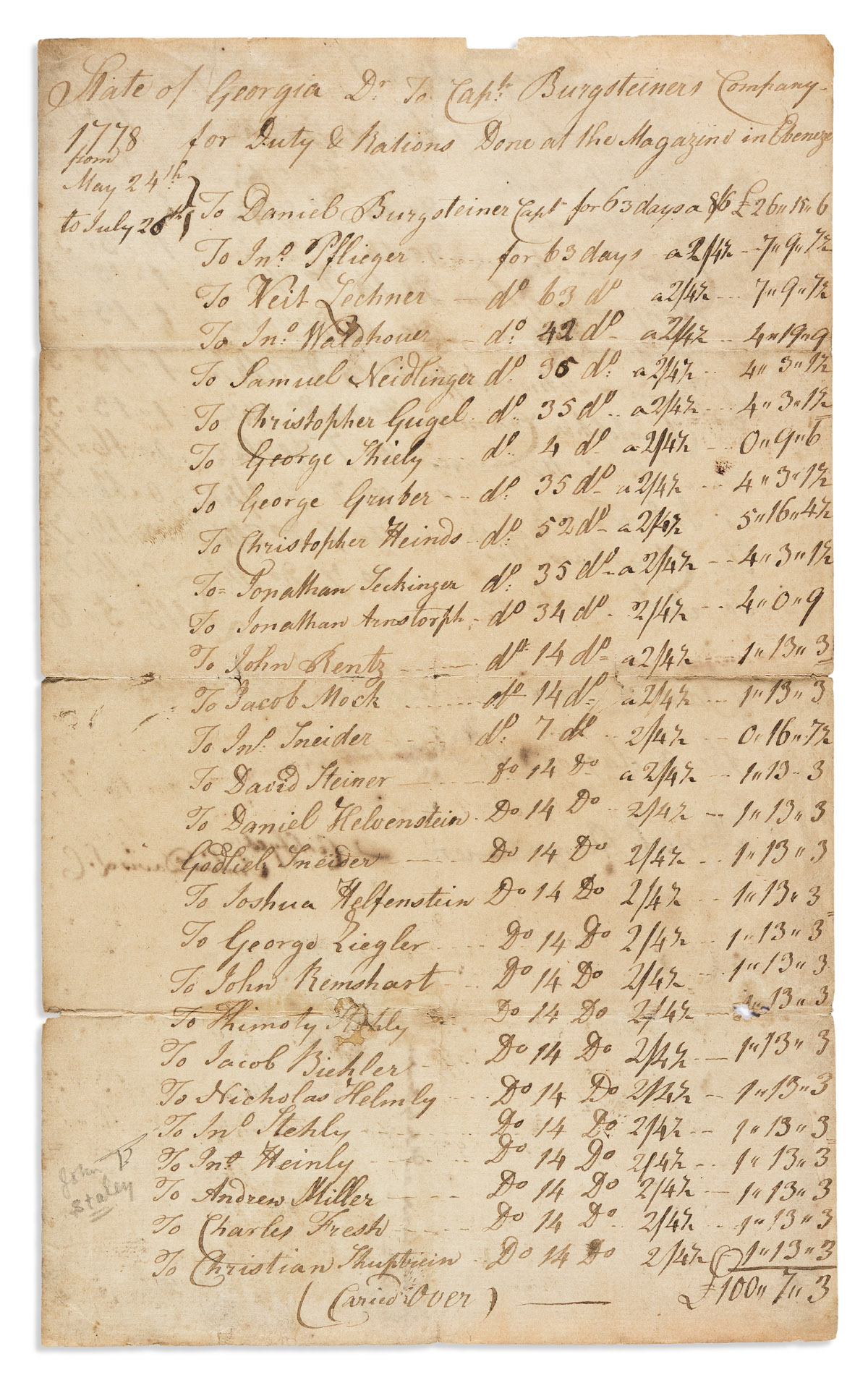 (AMERICAN REVOLUTION--1778.) Pay list for Captain Daniel Burgsteiners company.